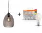 Preview: Bundle Attraktive runde Pendelleuchte Dillon mit einem Leuchtenschirm aus Rauchglas inkl. 3 E27 LED Lampen mit Preisvorteil