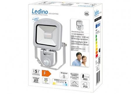 Ledino LED-Strahler mit Sensor PIR Flutlicht Charlottenburg 10SNI, 10W, 4000K, silber tageslichtweiss