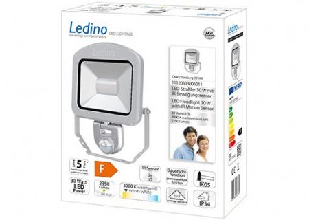 Ledino LED-Strahler mit Sensor PIR Fluter Charlottenburg 30SWI, 30W, 3000K, silber warmweiss