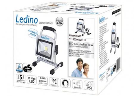 Ledino LED-Akkustrahler 20W Köpenick 209, 8,8 Ah, silber