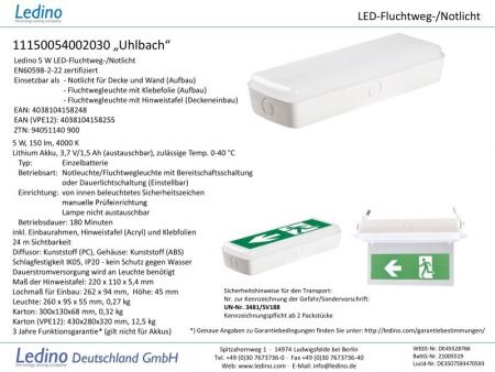 Ledino LED-Fluchtwegebeleuchtung Notlicht Uhlbach, Ein-/Aufbau, IP65