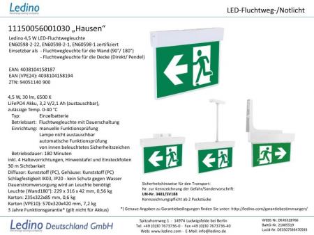 Ledino LED-Fluchtwegebeleuchtung Notlicht Hausen, Decken/Wand/Pendel