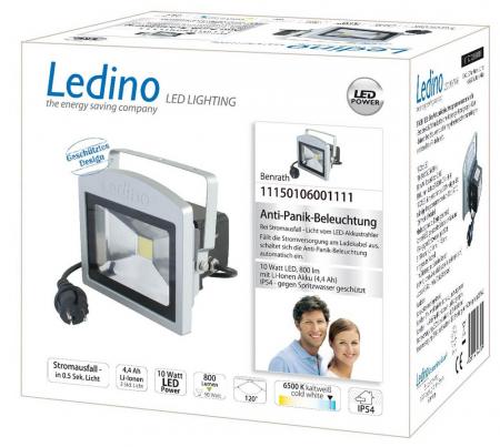 Ledino LED-Anti-Panik-Strahler Fluter Benrath 10W 6500K tageslichtweiss in Silber mit Akku