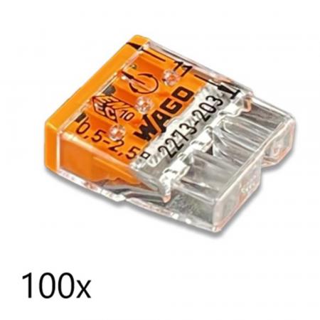 100 x Wago 2273-203 Verbindungsklemme transparent orange für eindrähtige Leiterarten 3-Leiter bis 0,5-2,5qmm
