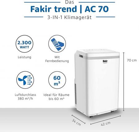 Fakir Trend AC 70, Mobile Klimaanlage mit Entlüftungsfunktion, Belüftung, Fernbedienung, 3 Windmodi, für Räume bis zu 60 m³