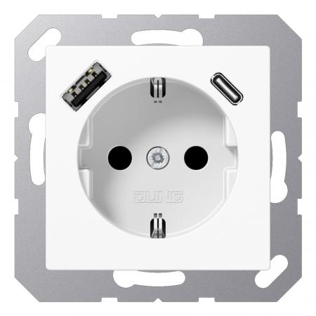 JUNG SCHUKO-Steckdose 16 A 250 V ~, mit USB-Ladegerät 1 x Typ A + 1 x Typ C, SAFETY+, Serie AS/A, alpinweiß