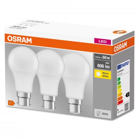 3er Pack OSRAM LED BASE Glühbirne B22d Bajonett Sockel matt 9W wie 60W warmweiß