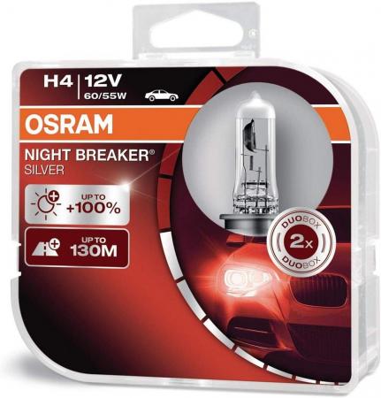 2er Pack OSRAM P14.5s NIGHT BREAKER SILVER H4 Scheinwerferlampe mit Leuchtweite von bis zu 130 m