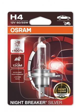 OSRAM P14.5s NIGHT BREAKER SILVER H4 Scheinwerferlampe mit Leuchtweite von bis zu 130 m