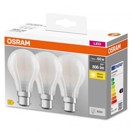 3er Pack OSRAM B22d  LED BASE Glühlampe Bajonett Gewinde 7W wie 60W warmweißes Licht