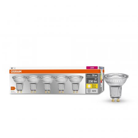 5er-PACK OSRAM LED Base PAR16 GU10 LED Strahler 2.6W wie 35W 36° 2700K Glas