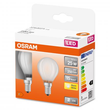 2er Pack OSRAM LED E14 Tropfenform matt 2,5W wie 25W warmweißes Licht