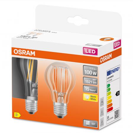 2er Pack OSRAM Helle LED E27 Filament Glühbirne klar 11W wie 100W warmweiß 2700K