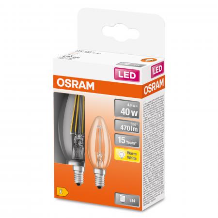 2er Pack OSRAM LED E14 Filament Kerze klar 4W Ersatz für 40W warmweißes Licht