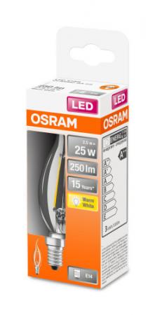 OSRAM LED E14 Kerze Winstoßform FILAMENT klar 2,5W wie 25W warmweißes Licht für Kronleuchter & dekorative Leuchten