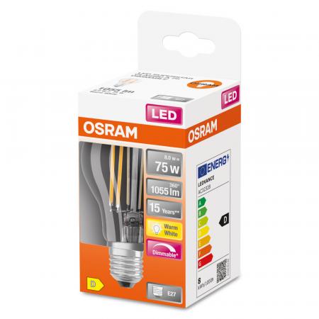 OSRAM E27 LED SUPERSTAR FILAMENT Lampe klar dimmbar Glühlampenform 7,8W = 75W warmweiße helle Wohnungsbeleuchtung