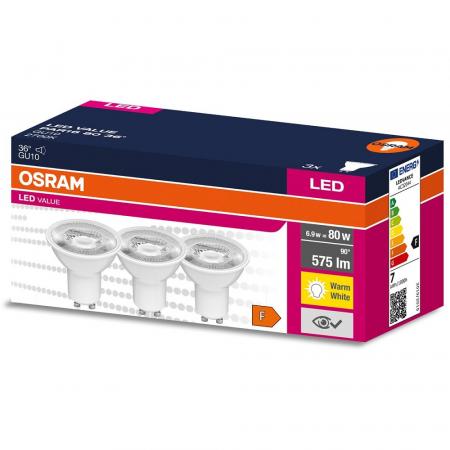 3er Pack OSRAM GU10 LED Strahler PAR16 36° Abstrahlwinkel 6,5W wie 80W 2700K warmweißes Licht schmaler Lichtkegel