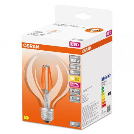 OSRAM Leistungsstarke E27 Globe 95 LED Glühbirne klar dimmbar 11W wie 100W warmweißes Licht 2700K