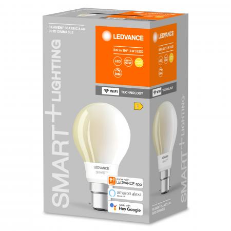 LEDVANCE Matte smarte WiFi B22d LED Lampe warmweiß dimmbar mit Bajonettsockel