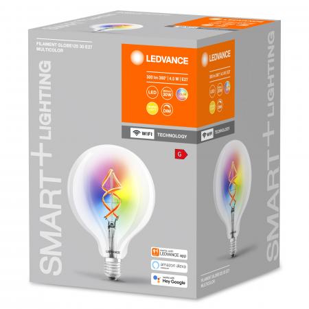 LEDVANCE Klare smarte E27 WiFi Kugel Filament Lampe RGBW Farbwechsel