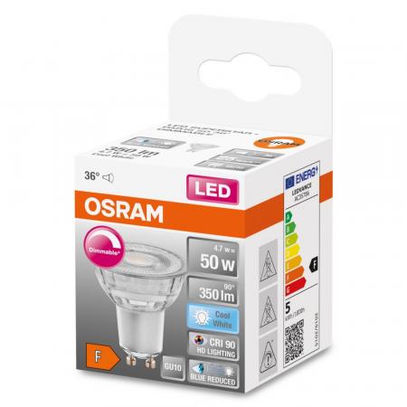 Osram GU10 LED Strahler Superstar Plus PAR16 HD LIGHTING 36° dimmbar 4000K 4,7W wie 50W CRI90  - sehr gute Farbwiedergabe