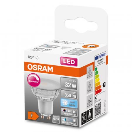 Osram GU10 LED Strahler Superstar Plus PAR16 HD LIGHTING 120° dimmbar 4000K 4,1W wie 32W CRI90  - sehr gute Farbwiedergabe