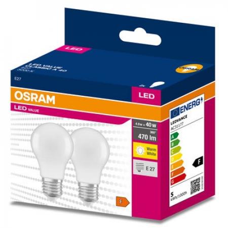 Nur noch angezeigter Bestand verfügbar:    2er Pack OSRAM E27 LED Lampa Value Class matt 4,9W wie 40W warmweiß 3000K