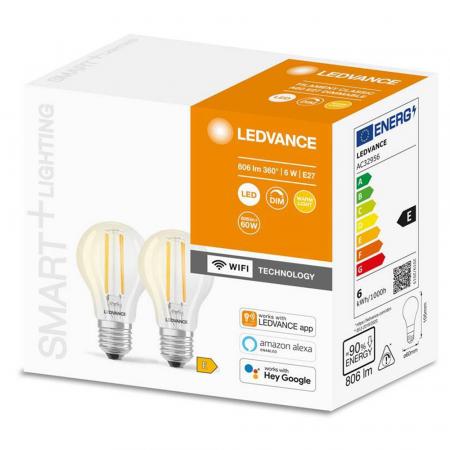 2er LEDVANCE E27 WiFi LED Lampe warmweißes dimmbares Licht 6W wie 60W 2700K Filament steuerbar mit Alexa und Google Assistant