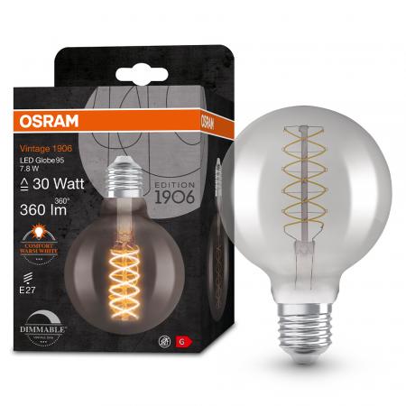 OSRAM LED VINTAGE E27 Glühlampe Globe 95 SMOKE dimmbar 7,8W wie 30W extra warmweißes gemütliches Licht