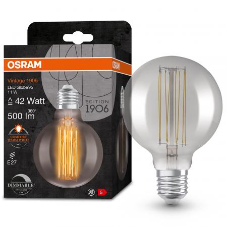 OSRAM LED VINTAGE E27 Glühlampe Globe 95 SMOKE dimmbar 11W wie 42W extra warmweißes gemütliches Licht