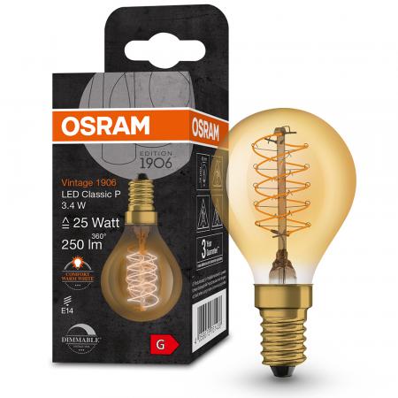 OSRAM E14 VINTAGE-Retro LED Tropfenlampe in Filament Gold dimmbar 3,4W wie 25W extra warmweißes gemütliches Licht 2200K