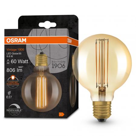 OSRAM LED VINTAGE E27 Glühlampe Globe 95 GOLD dimmbar 8,8W wie 60W extra warmweißes gemütliches Licht