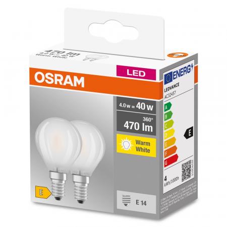 DOPPELPACK Osram LED BASE E14 LED Lampen Tropfenform 4W wie 40W warmweisses Licht