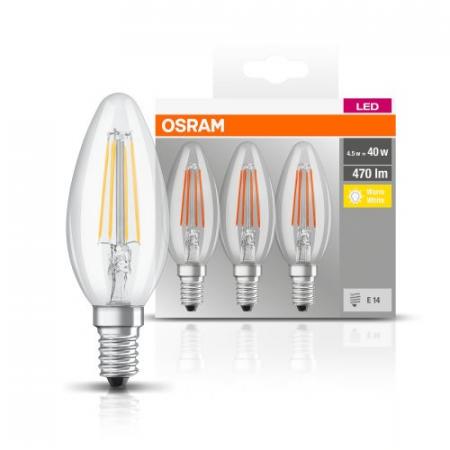 3er-PACK OSRAM BASE Classic E14 LED-Leuchtmittel FILAMENT KLAR 4W=40W warmweisses Licht