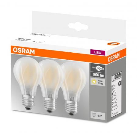 3er PACK Osram E27  BASE LED-Leuchtmittel warmweisses Licht mattierte Oberfläche 7W wie 60W