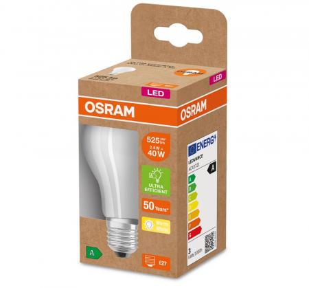 OSRAM E27 LED Leuchtmittel leistungsstark & besonders effizient matt 2,2W wie 40W 3000K warmweißes Licht - beste Energie Effizienz Klasse