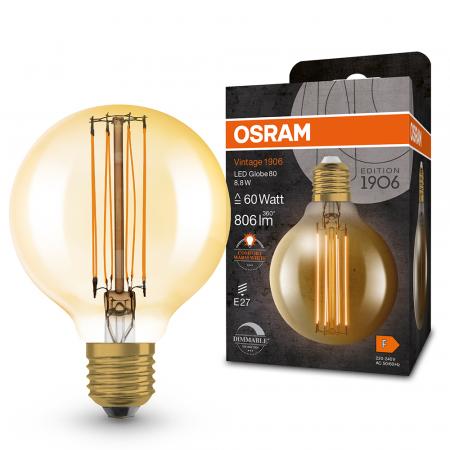 OSRAM LED VINTAGE E27 Glühlampe Globe 80 Gold dimmbar 8,8W wie 60W extra warmweißes gemütliches Licht