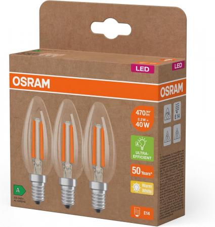 3er Set Osram E14 LED Kerzenlampe CLASSIC besonders effizient klar 2,2W wie 40W 2700K warmweißes Licht - Sehr gute Energieeffizienz