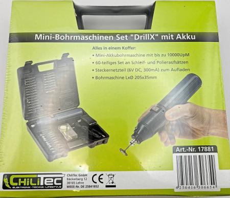 ChiliTec Mini-Bohrmaschinen Set "DrillX" mit Akku 60-teilig, 10.000upm mit Aufsätzen