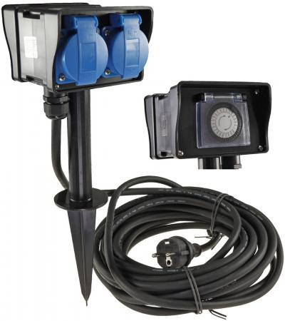 ChiliTec Gartensteckdose mit Erdspieß, 2-fach IP44, 2m Kabel, Zeitschaltuhr