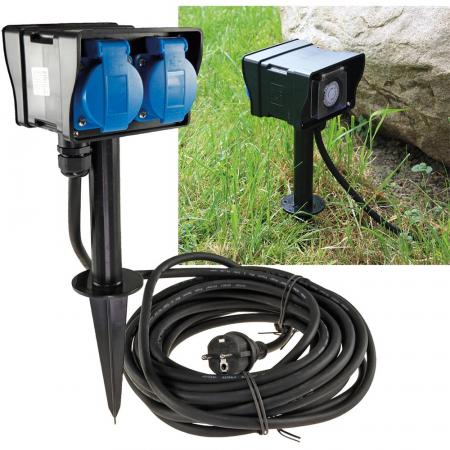 ChiliTec Gartensteckdose mit Erdspieß, 2-fach IP44, 2m Kabel, Zeitschaltuhr