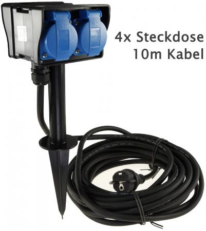 ChiliTec Gartensteckdose mit Erdspieß, 4-fach IP44, 10m Kabel