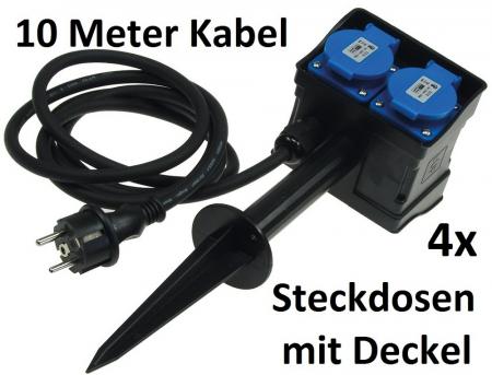 ChiliTec Gartensteckdose mit Erdspieß, 4-fach IP44, 10m Kabel
