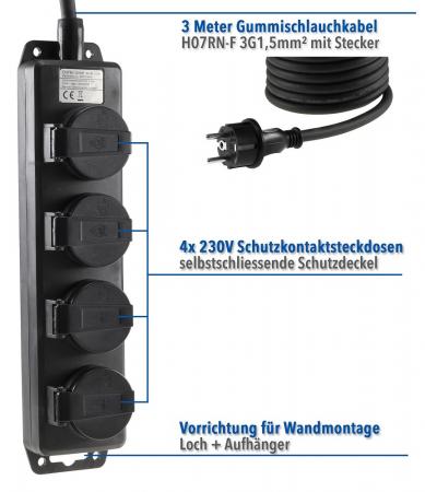 ChiliTec Gartensteckdosenleiste für Außen, 4-fach IP44, H07RN-F 3G1,5mm², Zuleitung 3m