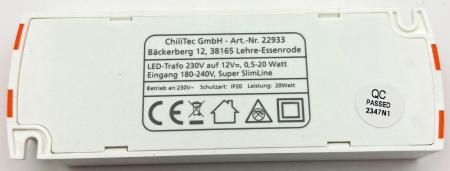 ChiliTec LED-Trafo "CT-SL20" SlimLine 0,5-20W Ein 180-264V, Aus 12V= Konstantspannung