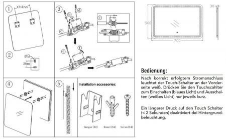 ChiliTec LED Spiegel "Espelho Q70" 70x50cm 230V, 23W, 1750lm, 4000K, Touchschalter # Achtung! Separates Versandpaket #