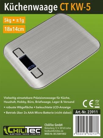 ChiliTec Digitale Küchenwaage "CT KW-5" 0-5kg, ±1g, 18x14x2cm