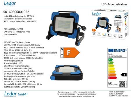 Ledar LED-Arbeitstrahler 50W Fluter 6500K, IP65, schwarz tageslichtweiss