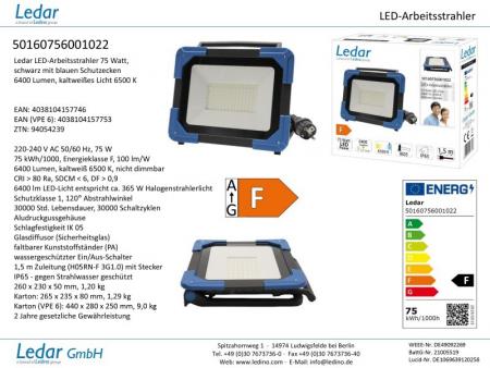 Ledar LED-Arbeitstrahler 75W Fluter 6500K, IP65, schwarz tageslichtweiss