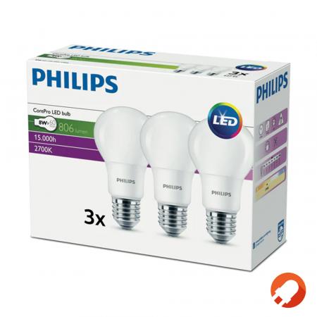 3er Multipack Philips CorePro E27 8W Ersatz für 60W warmweiss matt hohe Effizienz